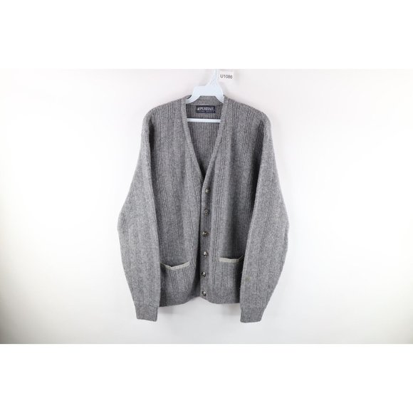 Vintage 70s Grunge Mens Large Ribbed Knit Kurt Cobain Cardigan Sweater Gray USA